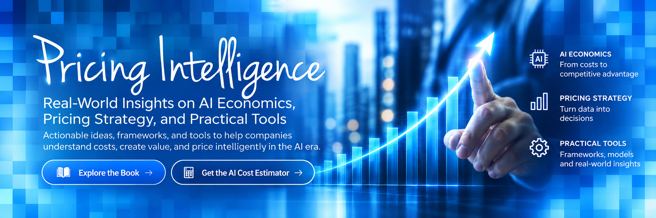 Pricing Intelligence hero banner with buttons to explore the book and get the AI Cost Estimator.